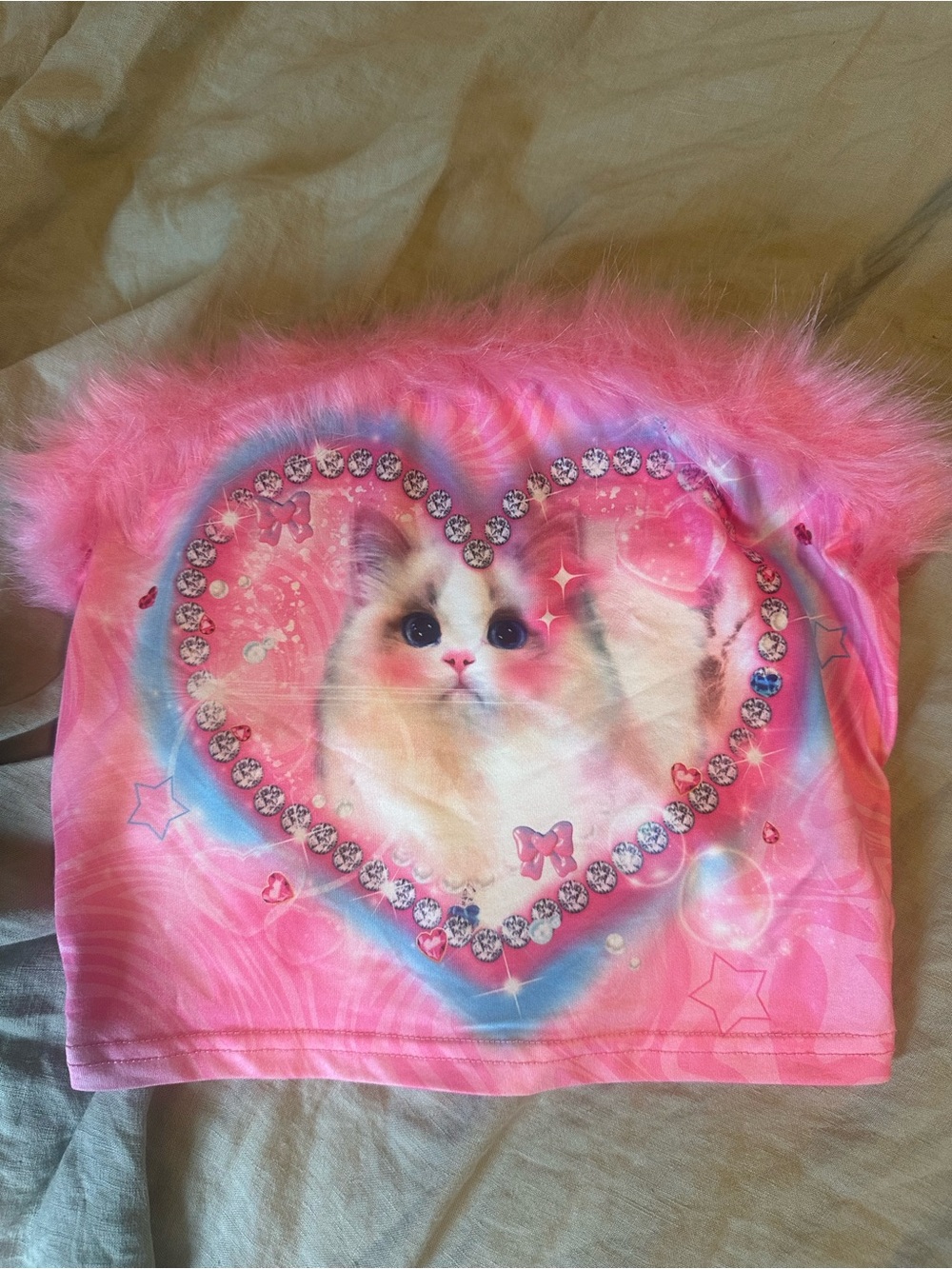 Pink Cat Heart Print Pet Top with Faux Fur Trim